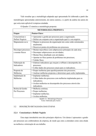 60
Vale ressaltar que a metodologia adaptada aqui apresentada foi elaborada a partir das
metodologias apresentadas anteriormente, de outros autores, e a partir da análise da autora do
que seria mais aplicável à empresa estudada.
O Quadro 12 sintetiza a metodologia proposta:
METODOLOGIA PROPOSTA
Etapas Pontos-Chave
Conscientizar e
Definir Negócio
• Apresentar a gestão por processos para a organização;
• Definir em conjunto com a organização qual é o seu negócio.
Mapeamento as-is • Mapear os processos da organização tais como estão estruturados
atualmente;
• Descrever pontos de problemas nos processos.
Decompor processos
e montar fluxos
• Montar macrofluxo com subprocessos principais de cada área;
• Decompor subprocessos em atividades;
• Montar fluxo detalhado com atividades;
• Apontar no fluxo pontos de problemas nos processos;
• Validar fluxo.
Elaboração de
Indicadores
• Elaborar indicadores que meçam e reflitam o desempenho dos
processos;
• Colher dados dos processos atuais para os indicadores.
Proposta de
Melhorias
• Propor melhorias para aperfeiçoamento dos processos;
• Analisar melhorias propostas e determinar quais serão implantadas.
Implantação de
Melhorias
• Implantar melhorias;
• Colher dados dos processos com melhorias implantadas para os
indicadores;
• Avaliar melhorias no desempenho dos processos através dos
indicadores.
Rotina de Gestão
Por Processos
• Melhoria contínua;
• Propor melhorias;
• Implantar melhorias;
• Avaliar melhorias.
Quadro 12 - Metodologia Proposta
Fonte: Elaborado pela Autora
3.2 DESCRIÇÃO DETALHADA DAS ETAPAS
3.2.1 Conscientizar e Definir Negócio
Esta etapa introdutória tem dois principais objetivos. Um destes é apresentar a gestão
por processos aos colaboradores da empresa, de modo que estes a entendam como uma aliada
na melhoria e otimização de seu trabalho.
 