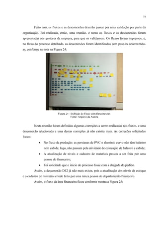 75
Feito isso, os fluxos e as desconexões deverão passar por uma validação por parte da
organização. Foi realizada, então, uma reunião, e nesta os fluxos e as desconexões foram
apresentadas aos gestores da empresa, para que os validassem. Os fluxos foram impressos, e,
no fluxo do processo detalhado, as desconexões foram identificadas com post-its descrevendo-
as, conforme se nota na Figura 24:
Figura 24 - Exibição do Fluxo com Desconexões
Fonte: Arquivo da Autora
Nesta reunião foram definidas algumas correções a serem realizadas nos fluxos, e uma
desconexão relacionada a uma destas correções já não existia mais. As correções solicitadas
foram:
 No fluxo da produção: as persianas de PVC e alumínio curvo não têm balastro
nem cabide, logo, não passam pela atividade de colocação de balastro e cabide;
 A atualização de níveis e cadastro de materiais passou a ser feita por uma
pessoa do financeiro;
 Foi solicitado que o início do processo fosse com a chegada do pedido.
Assim, a desconexão D12 já não mais existe, pois a atualização dos níveis de estoque
e o cadastro de materiais é todo feito por uma única pessoa do departamento financeiro.
Assim, o fluxo da área financeira ficou conforme mostra a Figura 25:
 