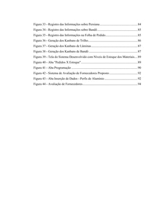 Figura 33 - Registro das Informações sobre Persiana................................................84
Figura 34 - Registro das Informações sobre Bandô ...................................................85
Figura 35 - Registro das Informações na Folha de Pedido.........................................85
Figura 36 - Geração dos Kanbans de Trilho...............................................................86
Figura 37 - Geração dos Kanbans de Lâminas...........................................................87
Figura 38 - Geração dos Kanbans de Bandô ..............................................................87
Figura 39 - Tela do Sistema Desenvolvido com Níveis de Estoque dos Materiais....89
Figura 40 - Aba "Pedidos X Estoque"........................................................................89
Figura 41 - Aba Programação ....................................................................................90
Figura 42 - Sistema de Avaliação de Fornecedores Proposto....................................92
Figura 43 - Aba Inserção de Dados - Perfis de Alumínio ..........................................92
Figura 44 - Avaliação de Fornecedores......................................................................94
 