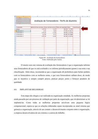 94
Figura 44 - Avaliação de Fornecedores
Fonte: Elaborado pela Autora
O intuito com este sistema de avaliação dos fornecedores é que a organização informe
seus fornecedores de que os está avaliando e os informe periodicamente quanto a sua nota e sua
classificação. Além disso, recomenda-se que a organização dê preferência para fechar pedidos
com os fornecedores com as melhores notas, e que seus fornecedores saibam disso, de modo
que os incentive a sempre cumprir prazos, praticar preços justos e fornecer produtos de
qualidade.
4.6 IMPLANTAR MELHORIAS
Esta etapa não chegou a ser realizada na organização estudada. As melhorias propostas
ainda passarão por um processo de validação por parte da organização, que irá determinar se irá
implantá-las. Como todas as melhorias propostas envolvem uma pequena lógica
computacional, espera-se que as soluções elaboradas sejam incorporadas ao atual sistema que
gerencia a organização, através de um contato e desenvolvimento conjunto entre a organização,
a empresa desenvolvedora do seu sistema e a autora do trabalho.
 