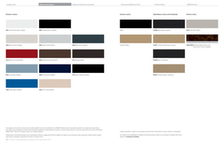 Exterior colors/upholstery materials, colors, and interior trims54 55
Design Lines Colors and materials Equipment features and options
Exterior colors
The pages in this section of the brochure show available colors and materials for the BMW  Series Sedan. Use these samples to compare paint, upholstery,
trim colors and combinations. Please note that these samples are representations; they are not exact reproductions. To see the actual colors, visit your authorized
BMW center. They will be happy to show you original samples.
Please refer to the Recommended color combinations charts on pages   and   for details on limitations and exclusivity when selecting  Series Sedan exterior
paint colors, upholstery materials and colors, and interior trims.
   Jet Black (Non-metallic)
   Black Sapphire Metallic
A  Orion Silver MetallicB  Estoril Blue II Metallic
B  Liquid Blue Metallic A  Imperial Blue Metallic
B  Mineral Gray MetallicA  Glacier Silver Metallic
A  Mojave MetallicB  Sparkling Bronze MetallicA  Melbourne Red Metallic
   Alpine White (Non-metallic)
A  Mineral White Metallic
 CG Satin Silver Matte
Accessories/Build Your Own Technical data BMW Services
Upholstery colors and materials
LCDF Venetian Beige Dakota Leather
KCSW Black Leatherette
KCDF Venetian Beige Leatherette
Interior colors Interior trims
Black
Venetian Beige  AB/ DM Dark Burl Walnut Wood with
Pearl Gloss Chrome highlight
LCSW Black Dakota Leather
Leather upholstery: Leather on all seating surfaces; other components may be Leather or Leatherette.
For details on the availability of standard and optional exterior paints and upholstery materials and colors,
please visit bmwusa.com/byo.
 