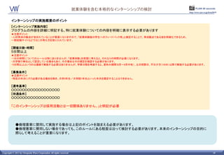 就業体験を含む本格的なインターンシップの検討         PLAIN 60 seconds
                                                                                               http://www.vpw.co.jp/hrm2015/



        インターンシップの実施概要のポイント
        【インターンシップ実施内容】
        プログラムの内容を詳細に明記する。特に就業体験についての内容を明確に表示する必要があります
        ★注意ポイント
        ・人材育成の観点が含まれていることが重要になりますので、「就業体験後の学生へのフィードバック有」と表記することで、育成観点である旨を明確化できるため、
        一部就職サイトなどではこの考え方を取り入れています。

        【開催日数・時間】
        5日間以上
        ★注意ポイント
        ・1日の時間についてのルールは特にありませんが、「就業体験」を前提に考えると、それなりの時間が必要になります。
        ・大学側で単位として認定している場合もあり、その場合はその規定を確認する必要があります。
        ・5日間以上というのは連続で実施する必要はありませんが、学事日程を考慮すると、夏休み期間（8月～9月中旬）、土日祝祭日、平日夕方（18:00）以降で実施する必要があります。

        【募集条件】
        ★注意ポイント
        ・特定の年次に行う必要がある場合を除き、大学3年生／大学院1年生といった年次を限定することはできません。

        【選考基準】
        OOOOOOOOOOOOOOOOOO
        【待遇条件】
        OOOOOOOOOOOOOOOOOO

        「このインターンシップは採用活動とは一切関係ありません。」と明記が必要




             ●倫理憲章に賛同して実施する場合は上記のポイントを踏まえる必要があります。
             ●倫理憲章に賛同しない場合であっても、このルールにある程度は沿って検討する必要があります。本来のインターンシップの目的に
             照らして考えることが大切になります。




Copyright © 2011 by Viewpoint Ware Corporation All rights reserved.                                                    18
 