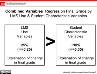 Combined Variables Regression Final Grade by
  LMS Use & Student Characteristic Variables

        LMS                        Student
        Use                     Characteristic
      Variables                   Variables

         25%
      (r2=0.25)
                        >             +10%
                                    (r2=0.35)

Explanation of change       Explanation of change
    in final grade              in final grade

                              slides @ slideshare.net/JohnWhitmer/
 