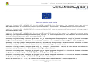 Azienda ULSS N. 4 del Veneto - Dipartimento funzionale di Sanità Animale e Sicurezza Alimentare

RASSEGNA NORMATIVA N. 42/2013
Del 7 novembre 2013

GAZZETTA UFFICIALE DELL’UNIONE EUROPEA

Regolamento di esecuzione (UE) n. 1059/2013 della Commissione, del 29 ottobre 2013, relativo all’autorizzazione di un preparato di Saccharomyces cerevisiae
MUCL 39885 come additivo per mangimi destinati ai bovini da ingrasso e che modifica il regolamento (CE) n. 492/2006 (titolare dell’autorizzazione Prosol SpA)
Regolamento di esecuzione (UE) n. 1060/2013 della Commissione, del 29 ottobre 2013, relativo all’autorizzazione della bentonite quale additivo per mangimi
destinati a tutte le specie animali
Regolamento di esecuzione (UE) n. 1061/2013 della Commissione, del 29 ottobre 2013, concernente l’autorizzazione di un preparato di Enterococcus faecium
NCIMB 10415 come additivo per mangime destinato a vitelli, capretti, gatti e cani e che modifica il regolamento (CE) n. 1288/2004 (titolare dell’autorizzazione DSM
Nutritional Products Ltd, rappresentato da DSM Nutritional products Sp. Z o.o)
Regolamento (UE) n. 1065/2013 della Commissione, del 30 ottobre 2013, che modifica l’allegato III del regolamento (CE) n. 110/2008 del Parlamento europeo e del
Consiglio relativo alla definizione, alla designazione, alla presentazione, all’etichettatura e alla protezione delle indicazioni geografiche delle bevande spiritose
Regolamento (UE) n. 1066/2013 della Commissione, del 30 ottobre 2013, relativo al rifiuto dell’autorizzazione di alcune indicazioni sulla salute fornite sui prodotti
alimentari diverse da quelle che si riferiscono alla riduzione del rischio di malattia e allo sviluppo e alla salute dei bambini
Regolamento (UE) n. 1067/2013 della Commissione, del 30 ottobre 2013, che modifica il regolamento (CE) n. 1881/2006 per quanto riguarda i tenori massimi per i
contaminanti diossine, PCB diossina-simili e PCB non diossina-simili nel fegato degli animali terrestri
Regolamento (UE) n. 1068/2013 della Commissione, del 30 ottobre 2013, che modifica l’allegato II del regolamento (CE) n. 1333/2008 del Parlamento europeo e del
Consiglio per quanto riguarda l’impiego di difosfati (E 450), trifosfati (E 451) e polifosfati (E 452) nel pesce salato
Regolamento (UE) n. 1069/2013 della Commissione, del 30 ottobre 2013, che modifica l’allegato II del regolamento (CE) n. 1333/2008 del Parlamento europeo e del
Consiglio per quanto riguarda l’impiego di fosfati di sodio (E 339) negli involucri naturali per salsicce
Decisione del Comitato misto SEE n. 51/2013, del 3 maggio 2013, che modifica l’allegato I (Questioni veterinarie e fitosanitarie) dell’accordo SEE
Dipartimento funzionale di Sanità Animale e Sicurezza Alimentare
Pagina 1 di 9

 