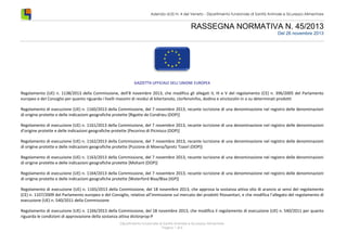 Azienda ULSS N. 4 del Veneto - Dipartimento funzionale di Sanità Animale e Sicurezza Alimentare

RASSEGNA NORMATIVA N. 45/2013
Del 26 novembre 2013

GAZZETTA UFFICIALE DELL’UNIONE EUROPEA

Regolamento (UE) n. 1138/2013 della Commissione, dell’8 novembre 2013, che modifica gli allegati II, III e V del regolamento (CE) n. 396/2005 del Parlamento
europeo e del Consiglio per quanto riguarda i livelli massimi di residui di bitertanolo, clorfenvinfos, dodina e vinclozolin in o su determinati prodotti
Regolamento di esecuzione (UE) n. 1160/2013 della Commissione, del 7 novembre 2013, recante iscrizione di una denominazione nel registro delle denominazioni
di origine protette e delle indicazioni geografiche protette [Rigotte de Condrieu (DOP)]
Regolamento di esecuzione (UE) n. 1161/2013 della Commissione, del 7 novembre 2013, recante iscrizione di una denominazione nel registro delle denominazioni
d’origine protette e delle indicazioni geografiche protette [Pecorino di Picinisco (DOP)]
Regolamento di esecuzione (UE) n. 1162/2013 della Commissione, del 7 novembre 2013, recante iscrizione di una denominazione nel registro delle denominazioni
di origine protette e delle indicazioni geografiche protette [Puzzone di Moena/Spretz Tzaorì (DOP)]
Regolamento di esecuzione (UE) n. 1163/2013 della Commissione, del 7 novembre 2013, recante iscrizione di una denominazione nel registro delle denominazioni
di origine protette e delle indicazioni geografiche protette [Mohant (DOP)]
Regolamento di esecuzione (UE) n. 1164/2013 della Commissione, del 7 novembre 2013, recante iscrizione di una denominazione nel registro delle denominazioni
di origine protette e delle indicazioni geografiche protette [Waterford Blaa/Blaa (IGP)]
Regolamento di esecuzione (UE) n. 1165/2013 della Commissione, del 18 novembre 2013, che approva la sostanza attiva olio di arancio ai sensi del regolamento
(CE) n. 1107/2009 del Parlamento europeo e del Consiglio, relativo all’immissione sul mercato dei prodotti fitosanitari, e che modifica l’allegato del regolamento di
esecuzione (UE) n. 540/2011 della Commissione
Regolamento di esecuzione (UE) n. 1166/2013 della Commissione, del 18 novembre 2013, che modifica il regolamento di esecuzione (UE) n. 540/2011 per quanto
riguarda le condizioni di approvazione della sostanza attiva diclorprop-P
Dipartimento funzionale di Sanità Animale e Sicurezza Alimentare
Pagina 1 di 6

 