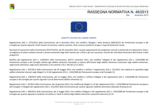 Azienda ULSS N. 4 del Veneto - Dipartimento funzionale di Sanità Animale e Sicurezza Alimentare

RASSEGNA NORMATIVA N. 48/2013
Del

dicembre 2013

GAZZETTA UFFICIALE DELL’UNIONE EUROPEA

Regolamento (UE) n. 1275/2013 della Commissione, del 6 dicembre 2013, che modifica l’allegato I della direttiva 2002/32/CE del Parlamento europeo e del
Consiglio per quanto riguarda i livelli massimi di arsenico, cadmio, piombo, nitriti, essenza volatile di senape e impurità botaniche nocive
Decisione di esecuzione della Commissione 2013/722/UE, del 29 novembre 2013, recante approvazione dei programmi annuali e pluriennali di eradicazione, lotta e
sorveglianza di talune malattie animali e zoonosi presentati dagli Stati membri per il 2014 e gli anni successivi, nonché del contributo finanziario dell’Unione a detti
programmi
Rettifica del regolamento (UE) n. 1130/2011 della Commissione, dell’11 novembre 2011, che modifica l’allegato III del regolamento (CE) n. 1333/2008 del
Parlamento europeo e del Consiglio relativo agli additivi alimentari istituendo un elenco dell’Unione degli additivi alimentari autorizzati negli additivi alimentari,
negli enzimi alimentari, negli aromi alimentari e nei nutrienti ( GU L 295 del 12.11.2011)
Regolamento (UE) n. 497/2013 della Commissione, del 29 maggio 2013, che modifica e rettifica il regolamento (UE) n. 231/2012 che stabilisce le specifiche degli
additivi alimentari elencati negli allegati II e III del regolamento (CE) n. 1333/2008 del Parlamento europeo e del Consiglio (1)
Regolamento (UE) n. 438/2013 della Commissione, del 13 maggio 2013, che modifica e rettifica l’allegato II del regolamento (CE) n. 1333/2008 del Parlamento
europeo e del Consiglio per quanto riguarda l’uso di determinati additivi alimentari (1)
Regolamento (UE) n. 25/2013 della Commissione, del 16 gennaio 2013, che modifica gli allegati II e III del regolamento (CE) n. 1333/2008 del Parlamento europeo e
del Consiglio e l’allegato del regolamento (UE) n. 231/2012 della Commissione per quanto riguarda l’additivo alimentare diacetato di potassio (1)
Regolamento (UE) n. 380/2012 della Commissione, del 3 maggio 2012, che modifica l'allegato II del regolamento (CE) n. 1333/2008 del Parlamento europeo e del
Consiglio per quanto riguarda le condizioni di utilizzo e i livelli di utilizzo degli additivi alimentari contenenti alluminio (1) 14

Dipartimento funzionale di Sanità Animale e Sicurezza Alimentare
Pagina 1 di 7

 