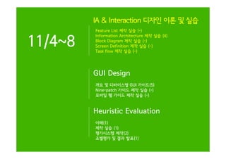11月

12月

/11
/12
/14
/15
/18
/19
/22
/26
/29
/3
/6
/9
/10
/12
/13

IA & Interaction 디자인 이론 및 실습
Feature List 제작 실습 (-)
Information Architecture 제작 실습 (4)
Block Diagram 제작 실습 (-)
Screen Definition 제작 실습 (-)
Task flow 제작 실습 (-)

GUI Design
개요 및 디바이스별 GUI 가이드(5)
Nine-patch 가이드 제작 실습 (-)
모바일 웹 가이드 제작 실습 (-)

Heuristic Evaluation
이해(1)
제작 실습 (1)
평가시스템 제작(2)
조별평가 및 결과 발표(1)

 