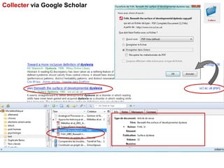 Collecter via Google Scholar

On peut récupérer le PDF avec la
notice dans Google Scholar

 