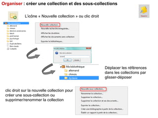 Organiser : créer une collection et des sous-collections
L’icône « Nouvelle collection » ou clic droit

Déplacer les références
dans les collections par
glisser-déposer
clic droit sur la nouvelle collection pour
créer une sous-collection ou
supprimer/renommer la collection

 