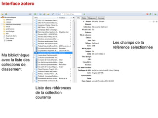 Interface zotero

Les champs de la
référence sélectionnée
Ma bibliothèque
avec la liste des
collections de
classement

Liste des références
de la collection
courante

 