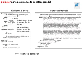 Collecter par saisie manuelle de références (3)

Référence d’article

Parfois il n’y a qu’un
volume et pas de
numéro
Le pl...