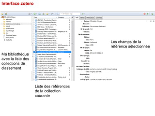 Interface zotero

Les champs de la
référence sélectionnée
Ma bibliothèque
avec la liste des
collections de
classement

Lis...
