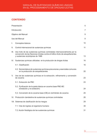 3
MANUAL DE SUSTANCIAS QUÍMICAS USADAS
EN EL PROCESAMIENTO DE DROGAS ILÍCITAS
CONTENIDO
Presentación
Introducción
Objetivo del Manual
Uso del Manual
I. Conceptos básicos
II. Control internacional de sustancias químicas
III. Uso lícito de las sustancias químicas controladas internacionalmente por la
convención de las Naciones Unidas contra el tráfico ilícito de estupefacientes
y sustancias sicotrópicas de 1988
IV. Sustancias químicas utilizadas en la producción de drogas ilícitas
4.1. Clasificación
4.2. Nomenclatura de sustancias químicas precursoras y esenciales comunes
en la producción de estupefacientes
V. Uso de las sustancias químicas en la extracción, refinamiento y conversión
de cocaína
5.1. Extracción de PBC
5.2. Purificación de la pasta básica en cocaína base PBC-BC
(Oxidación y re-oxidación)
5.3. Conversión de la cocaína base (CB) en clorhidrato de cocaína
VI. Producción clandestina de sustancias químicas controladas
VII. Sistemas de clasificación de los riesgos
7.1. Vías de ingreso al organismo humano
7.2. Acción fisiológica de las sustancias químicas
5
7
9
9
10
11
13
16
16
20
23
23
24
25
26
29
30
31
 