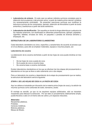 52
• Laboratorios de síntesis. En este caso se aplican métodos químicos complejos para la
obtención de la sustancia o del principio activo, a partir de materia prima natural o sintética
(no necesariamente controlada). Se presentan reacciones químicas que modifican la
estructura química de los compuestos, ejemplo: obtención de fenciclidina a partir de ácido
antranílico y barbitúricos a partir del ácido barbitúrico.
• Laboratorios de dosificación. Son aquellos en donde la droga obtenida por cualquiera de
los métodos anteriores, son dosificadas en diferentes presentaciones, ejemplo: papeletas,
cigarrillos, tabletas, envases de vidrio, en paquetes o panelas de diversos tamaños y
empaques, etc.
ESTRUCTURA DE UN LAbORATORIO CLANDESTINO
Cada laboratorio clandestino es único, específico y característico de acuerdo al proceso que
en él se efectúe y para ello se emplean materiales, equipos e insumos propios, así:
Laboratorios de cocaína
La elaboración de la cocaína clorhidrato a partir de las hojas de coca puede dividirse en tres
etapas:
• De las hojas de coca a pasta de coca.
• De la pasta de coca a cocaína base.
• De cocaína base a cocaína clorhidrato.
Existen laboratorios clandestinos en los que se efectúan las tres etapas del procesamiento o
laboratorios en los que se lleve a cabo solamente una o dos etapas.
Para un laboratorio de cocaína y dependiendo de la etapa de procesamiento que se realice,
la estructura del laboratorio sería la siguiente:
ETAPA I: DE LAS HOJAS DE COCA A LA PASTA DE COCA
Aquí se obtiene el alcaloide por trituración de la materia prima (hojas de coca) y la adición de
insumos químicos como carbonato de sodio, kerosene y ácido.
El montaje es sencillo, ya que no se requieren equipos sofisticados, sólo se necesitan
recipientes para efectuar la extracción. Por ser éste un procedimiento relativamente simple,
puede llevarse a cabo en el mismo sitio de cultivo y en espacios reducidos.
Materiales
Recipientes plásticos.
Probetas.
Canecas metálicas.
Bidones plásticos.
Mesas de filtrado.
 