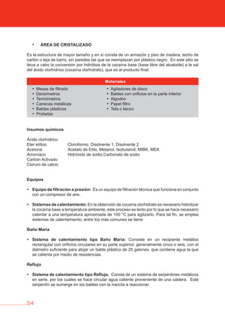 54
• áREA DE CRISTALIZADO
Es la estructura de mayor tamaño y en sí consta de un armazón y piso de madera, techo de
cartón o teja de barro, sin paredes las que se reemplazan por plástico negro. En este sitio se
lleva a cabo la conversión por hidrólisis de la cocaína base (base libre del alcaloide) a la sal
del ácido clorhídrico (cocaína clorhidrato), que es el producto final.
Materiales
• Mesas de filtrado
• Densímetros
• Termómetros
• Canecas metálicas
• Baldes plásticos
• Probetas
• Agitadores de disco
• Baldes con orificios en la parte inferior
• Algodón
• Papel filtro
• Tela o lienzo
Insumos químicos
Ácido clorhídrico
Eter etílico Cloroformo, Disolvente 1, Disolvente 2
Acetona Acetato de Etilo, Metanol, Isobutanol, MIBK, MEK
Amoníaco Hidróxido de sodio,Carbonato de sodio
Carbón Activado
Cloruro de calcio
Equipos
• Equipo de filtración a presión: Es un equipo de filtración técnica que funciona en conjunto
con un compresor de aire.
• Sistemas de calentamiento: En la obtención de cocaína clorhidrato es necesario hidrolizar
la cocaína base a temperatura ambiente, este proceso es lento por lo que se hace necesario
calentar a una temperatura aproximada de 100 °C para agilizarlo. Para tal fin, se emplea
sistemas de calentamiento, entre los más comunes se tiene:
baño María
• Sistema de calentamiento tipo baño María: Consiste en un recipiente metálico
rectangular con orificios circulares en su parte superior, generalmente cinco o seis, con el
diámetro suficiente para alojar un balde plástico de 25 galones, que contiene agua la que
se calienta por medio de resistencias.
Reflujo
• Sistema de calentamiento tipo Reflujo. Consta de un sistema de serpentines metálicos
en serie, por los cuales se hace circular agua caliente proveniente de una caldera. Este
serpentín se sumerge en los baldes con la mezcla a reaccionar.
 