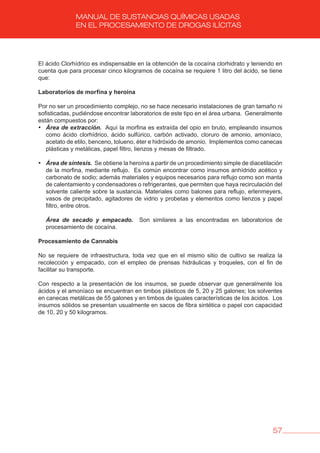 57
MANUAL DE SUSTANCIAS QUÍMICAS USADAS
EN EL PROCESAMIENTO DE DROGAS ILÍCITAS
El ácido Clorhídrico es indispensable en la obtención de la cocaína clorhidrato y teniendo en
cuenta que para procesar cinco kilogramos de cocaína se requiere 1 litro del ácido, se tiene
que:
Laboratorios de morfina y heroína
Por no ser un procedimiento complejo, no se hace necesario instalaciones de gran tamaño ni
sofisticadas, pudiéndose encontrar laboratorios de este tipo en el área urbana. Generalmente
están compuestos por:
• Área de extracción. Aquí la morfina es extraída del opio en bruto, empleando insumos
como ácido clorhídrico, ácido sulfúrico, carbón activado, cloruro de amonio, amoníaco,
acetato de etilo, benceno, tolueno, éter e hidróxido de amonio. Implementos como canecas
plásticas y metálicas, papel filtro, lienzos y mesas de filtrado.
• Área de síntesis. Se obtiene la heroína a partir de un procedimiento simple de diacetilación
de la morfina, mediante reflujo. Es común encontrar como insumos anhídrido acético y
carbonato de sodio; además materiales y equipos necesarios para reflujo como son manta
de calentamiento y condensadores o refrigerantes, que permiten que haya recirculación del
solvente caliente sobre la sustancia. Materiales como balones para reflujo, erlenmeyers,
vasos de precipitado, agitadores de vidrio y probetas y elementos como lienzos y papel
filtro, entre otros.
Área de secado y empacado. Son similares a las encontradas en laboratorios de
procesamiento de cocaína.
Procesamiento de Cannabis
No se requiere de infraestructura, toda vez que en el mismo sitio de cultivo se realiza la
recolección y empacado, con el empleo de prensas hidráulicas y troqueles, con el fin de
facilitar su transporte.
Con respecto a la presentación de los insumos, se puede observar que generalmente los
ácidos y el amoníaco se encuentran en timbos plásticos de 5, 20 y 25 galones; los solventes
en canecas metálicas de 55 galones y en timbos de iguales características de los ácidos. Los
insumos sólidos se presentan usualmente en sacos de fibra sintética o papel con capacidad
de 10, 20 y 50 kilogramos.
 