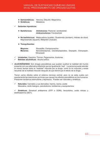 63
MANUAL DE SUSTANCIAS QUÍMICAS USADAS
EN EL PROCESAMIENTO DE DROGAS ILÍCITAS
♦ Semisintéticos: Heroína, Dilaudid, Meperidina.
♦ Sintéticos: Metadona.
	 	 Sedantes hipnóticos:
♦ barbitúricos: Anéstesicos: Pectonal, secobarbital.
Anticonvulsivos: Fenobarbital
♦ No barbitúricos: Metacualona (qualde), Glutetimida (doridem), Hidrato de cloral,
Meprobamato (equanil), Metiprilón (nodular).
♦ Tranquilizantes:
Mayores: Rauwolfia, Cloropromazina.
Menores: Benzodiacepinas, Clorodiazepóxidos, Diazepán, Clorazepán,
Nitrazepán
	 	 Inhalantes: Gasolina, Thinner, Pegamentos, Acetonas.
	 	 bebidas alcohólicas: Alcohol etílico.
• ALUCINÓGENOS: Son drogas psicodélicas que pueden sustituir la realidad del mundo
presente con una alternativa diferente que es igualmente “real”. La persona puede atender
al mismo tiempo tanto la “realidad” inducida por la droga, como la no inducida y existe
recuerdo de la realidad inducido después de que disminuye el efecto de la droga.
Tienen varios efectos sobre el sistema nervioso central, pero no se sabe cuales son
exactamente las reacciones químicas que causan los efectos psicodélicos en los humanos.
Presentan tendencia estimulante y depresora. Pueden ser naturales y sintéticos.
	 	 Naturales: Cannabis y sus derivados: hachís, resina, aceite
Mescalina, ácido lisérgico, psicolobicina, bufotenina y escopolamina.
	
	 	 Sintéticos: Dimetoxil anfetamina (STP o DOM), fenciclidina, oxido nitroso y
dietiltriptamina (DET).
 