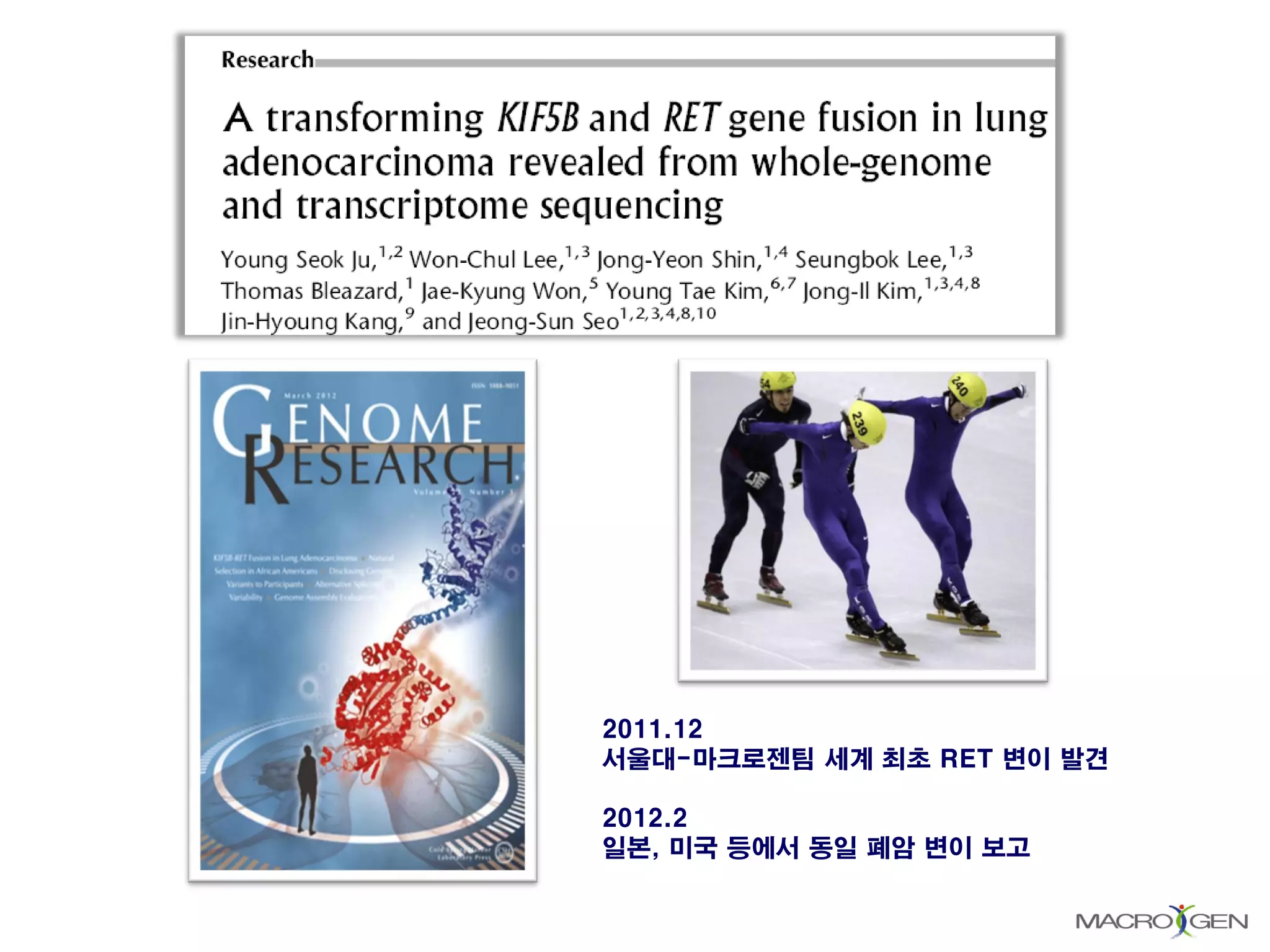 2011.12
서울대-마크로젠팀 세계 최초 RET 변이 발견
2012.2
일본, 미국 등에서 동일 폐암 변이 보고
 