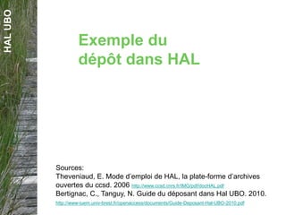 HALUBO
Exemple du
dépôt dans HAL
Sources:
Theveniaud, E. Mode d’emploi de HAL, la plate-forme d’archives
ouvertes du ccsd. 2006 http://www.ccsd.cnrs.fr/IMG/pdf/docHAL.pdf
Bertignac, C., Tanguy, N. Guide du déposant dans Hal UBO. 2010.
http://www-iuem.univ-brest.fr/openaccess/documents/Guide-Deposant-Hal-UBO-2010.pdf
 