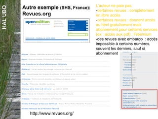 HALUBO
Autre exemple (SHS, France):
Revues.org
http://www.revues.org/
L’auteur ne paie pas.
-certaines revues : complètement
en libre accès
-certaines revues : donnent accès
au html gratuitement mais
abonnement pour certains services
(ex : accès aux pdf) : Freemium
-des revues avec embargo : accès
impossible à certains numéros,
souvent les derniers, sauf si
abonnement
 