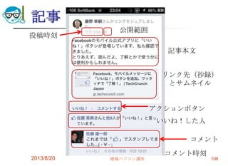 記事
2013/8/20 地域パソコン講座 106
記事本文
リンク先（抄録）
とサムネイル
投稿時刻
アクションボタン
公開範囲
いいね！した人
コメント
コメント時刻
 