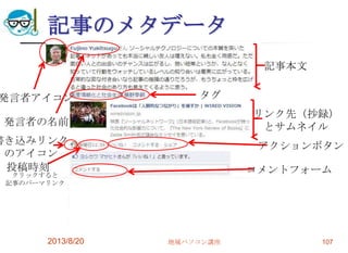 記事のメタデータ
2013/8/20 地域パソコン講座 107
発言者アイコン
発言者の名前
記事本文
タグ
リンク先（抄録）
とサムネイル
書き込みリンク
のアイコン
投稿時刻
クリックすると
記事のパーマリンク
アクションボタン
コメントフォーム
 