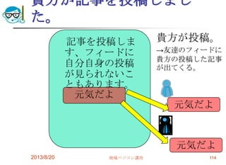 貴方が記事を投稿しまし
た。
貴方が投稿。
→友達のフィードに
貴方の投稿した記事
が出てくる。
2013/8/20 地域パソコン講座 114
記事を投稿しま
す、フィードに
自分自身の投稿
が見られないこ
ともあります。
元気だよ
元気だよ
元気だよ
 