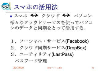 スマホの活用法
 スマホ クラウド パソコン
様々なクラウドサービスを使ってパソコ
ンのデータと同期をとって活用する。
１．ソーシャル・サービス(Facebook)
２．クラウド同期サービス(DropBox)
３．ユーティリティ(LastPass)
パスワード管理
2013/8/20 地域パソコン講座 15
 