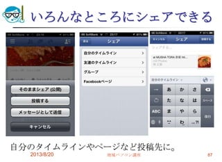 いろんなところにシェアできる
自分のタイムラインやページなど投稿先に。
2013/8/20 地域パソコン講座 87
 