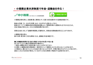 13A c r o v i s i o n
ア ク ロ ビ ジ ョ ンア ク ロ ビ ジ ョ ンア ク ロ ビ ジ ョ ンア ク ロ ビ ジ ョ ン w w w . a c r o v i s i o n . j p
小規模企業共済制度で年金・退職金を作る小規模企業共済制度で年金・退職金を作る小規模企業共済制度で年金・退職金を作る小規模企業共済制度で年金・退職金を作る小規模企業共済制度で年金・退職金を作る小規模企業共済制度で年金・退職金を作る小規模企業共済制度で年金・退職金を作る小規模企業共済制度で年金・退職金を作る！！！！！！！！
小規模企業共済は、自営業(個人事業主)や、社長・会社役員向けの退職金制度です。
掛金は月額：７０，０００円(年間：８４０，０００円)が上限となっており、
掛金はすべて「小規模企業共済等掛金控除」として課税所得から控除される(引かれる)ため、
支払う税金が抑えられ、かなりの節税効果があります。
受取るお金に対して「退職所得控除」が適用され、受取金の課税額を抑えることができます。
小規模企業共済は、
掛ける時・貰う時に大きな節税になる、退職金(年金)制度です。
●●●●この制度を利用するにあたり気をつけなければいけない点この制度を利用するにあたり気をつけなければいけない点この制度を利用するにあたり気をつけなければいけない点この制度を利用するにあたり気をつけなければいけない点
先に述べたように最近の請負契約の動向から、
一時的に期間を定めた契約社員になることが出てきており、
その際に小規模企業共済制度を一度区切りにして清算をしなければならないことがあります。
この場合は、積み立てたメリットをあまり受けることができず、手間が発生するデメリットがあります。
過去にこのような状況が発生しているのでこの点は事前に考慮をする必要があります。
 