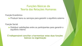 Funções Básicas da
Teoria das Relações Humanas
Função Econômica
 Produzir bens ou serviços para garantir o equilíbrio externo

Função Social
 Distribuir satisfações entre os participantes para garantir o
equilíbrio interno
É indispensável conciliar a harmonizar estas duas funções
básicas na organização

 