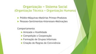 Organização = Sistema Social
(Organização Técnica + Organização Humana)



Prédio+Máquinas+Matérias Primas+Produtos
Pessoas+Sentimentos+Interesses+Motivações

Comportamento
 Amizade

x Hostilidade
 Competição x Cooperação
 Formação de Grupos Informais
 Criação de Regras de Convivência

 
