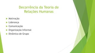 Decorrência da Teoria de
Relações Humanas


Motivação



Liderança



Comunicação



Organização Informal



Dinâmica de Grupo

 
