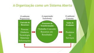 A Organização como um Sistema Aberto

O ambiente
Proporciona:

A organização
Transforma:

O ambiente
Consome:

Entrada de
Recursos:

Processos de
Transformação:

Saída de
Produtos:

Pessoas
Dinheiro
Tecnologia
Materiais
Informações

Trabalho Converte
Recursos em
Resultados

Produtos
ou
Serviços

 