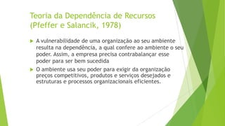 Teoria da Dependência de Recursos
(Pfeffer e Salancik, 1978)




A vulnerabilidade de uma organização ao seu ambiente
resulta na dependência, a qual confere ao ambiente o seu
poder. Assim, a empresa precisa contrabalançar esse
poder para ser bem sucedida
O ambiente usa seu poder para exigir da organização
preços competitivos, produtos e serviços desejados e
estruturas e processos organizacionais eficientes.

 