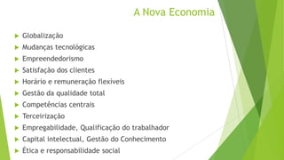 A Nova Economia


Globalização



Mudanças tecnológicas



Empreendedorismo



Satisfação dos clientes



Horário e remuneração flexíveis



Gestão da qualidade total



Competências centrais



Terceirização



Empregabilidade, Qualificação do trabalhador



Capital intelectual, Gestão do Conhecimento



Ética e responsabilidade social

 