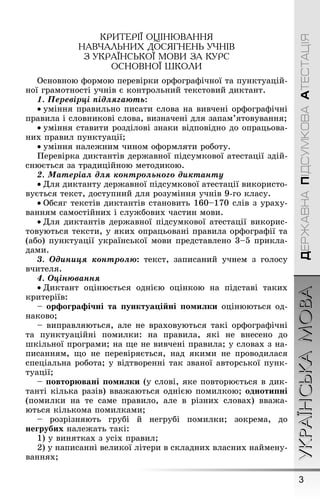 3
УКРАЇНСЬКАМОВАДЕРЖАВНАПІДСУМКОВААТЕСТАЦІЯ
КРИТЕРІЇ ОЦІНЮВАННЯ
НАВЧАЛЬНИХ ДОСЯГНЕНЬ УЧНІВ
З УКРАЇНСЬКОЇ МОВИ ЗА КУРС
ОСНОВНОЇ ШКОЛИ
Основною ôормою перевірки орôоãраôічної та пунктуацій-
ної ãрамотності учнів є контрольний текстовий диктант.
1. Ïåðåâіðöі ïіäëÿãàþòü:
• уміння правильно писати слова на вивчені орôоãраôічні
правила і словникові слова, визначені для запам’ятовування;
• уміння ставити розділові знаки відповідно до опрацьова-
них правил пунктуації;
• уміння налеæним чином оôормляти роботу.
Ïеревірка диктантів дерæавної підсумкової атестації здій-
снюється за традиційною методикою.
2. Ìàòåðіàë äëÿ êîíòðîëüíîãî äèêòàíòó
• Для диктанту дерæавної підсумкової атестації використо-
вується текст, доступний для розуміння учнів 9-ãо класу.
• Обсяã текстів диктантів становить 160–170 слів з ураху-
ванням самостійних і слуæбових частин мови.
• Для диктантів дерæавної підсумкової атестації викорис-
товуються тексти, у яких опрацьовані правила орôоãраôії та
(або) пунктуації української мови представлено 3–5 прикла-
дами.
3. Îäèíèöÿ êîíòðîëþ: текст, записаний учнем з ãолосу
вчителя.
4. Îöіíþâàííÿ
• Диктант оцінюється однією оцінкою на підставі таких
критеріїв:
– орôоãраôі÷ні та пунктуаціéні помилки оцінюються од-
наково;
– виправляються, але не враховуються такі орôоãраôічні
та пунктуаційні помилки: на правила, які не внесено до
øкільної проãрами; на ùе не вивчені правила; у словах з на-
писанням, ùо не перевіряється, над якими не проводилася
спеціальна робота; у відтворенні так званої авторської пунк-
туації;
– повторþвані помилки (у слові, яке повторюється в дик-
танті кілька разів) вваæаються однією помилкою; однотипні
(помилки на те саме правило, але в різних словах) вваæа-
ються кількома помилками;
– розрізняють ãрубі й неãрубі помилки; зокрема, до
неãруáиõ налеæать такі:
1) у винятках з усіх правил;
2) у написанні великої літери в складних власних наймену-
ваннях;
 