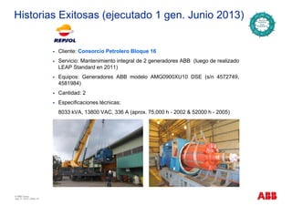 Historias Exitosas (ejecutado 1 gen. Junio 2013)
Cliente: Consorcio Petrolero Bloque 16
Servicio: Mantenimiento integral de 2 generadores ABB (luego de realizado
LEAP Standard en 2011)LEAP Standard en 2011)
Equipos: Generadores ABB modelo AMG0900XU10 DSE (s/n 4572749,
4581984)
C tid d 2Cantidad: 2
Especificaciones técnicas:
8033 kVA, 13800 VAC, 336 A (aprox. 75,000 h - 2002 & 52000 h - 2005), , ( p , )
© ABB Group
July 17, 2013 | Slide 15
 