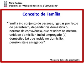 Nono Período
Disciplina de “Medicina de Família e Comunidade”
Conceito de Família
“família é o conjunto de pessoas, ligadas por laços
de parentesco, dependência doméstica ou
normas de convivência, que residem na mesma
unidade domiciliar. Inclui empregado (a)
doméstico (a) que reside no domicílio,
pensionista e agregados”.
Ministério da Saúde, Brasil (2001)
 