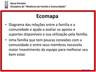 Nono Período
Disciplina de “Medicina de Família e Comunidade”
Ecomapa
• Diagrama das relações entre a família e a
comunidade e ajuda a avaliar os apoios e
suportes disponíveis e sua utilização pela família.
• Uma família que tem poucas conexões com a
comunidade e entre seus membros necessita
maior investimento da equipe para melhorar seu
bem estar.
DIAS, RB
 