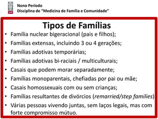 Nono Período
Disciplina de “Medicina de Família e Comunidade”
Tipos de Famílias
• Família nuclear bigeracional (pais e filhos);
• Famílias extensas, incluindo 3 ou 4 gerações;
• Famílias adotivas temporárias;
• Famílias adotivas bi-raciais / multiculturais;
• Casais que podem morar separadamente;
• Famílias monoparentais, chefiadas por pai ou mãe;
• Casais homossexuais com ou sem crianças;
• Famílias resultantes de divórcios (remarried/step families)
• Várias pessoas vivendo juntas, sem laços legais, mas com
forte compromisso mútuo.
 
