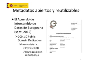 Metadatos abiertos y reutilizables
El Acuerdo de
Intercambio de
Datos de Europeana
(sept. 2012)
CC0 1.0 Public
Domain Dedication
La más abierta:
Permite LOD
Reutilización sin
restricciones
5

 
