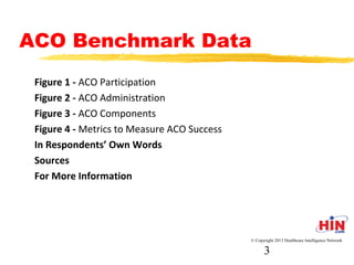ACO Benchmark Data
- Figure 1 - ACO Participation
- Figure 2 - ACO Administration
- Figure 3 - ACO Components
- Figure 4 - Metrics to Measure ACO Success
- In Respondents’ Own Words
- Sources
- For More Information
© Copyright 2013 Healthcare Intelligence Network
3
 