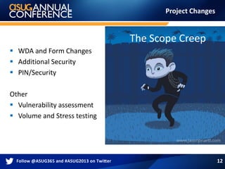 Project Changes
 WDA and Form Changes
 Additional Security
 PIN/Security
Other
 Vulnerability assessment
 Volume and Stress testing
12
The Scope Creep
 