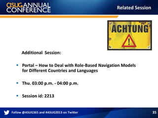 Related Session
Additional Session:
 Portal ‒ How to Deal with Role-Based Navigation Models
for Different Countries and Languages
 Thu. 03:00 p.m. - 04:00 p.m.
 Session id: 2213
35
 