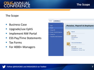 The Scope
The Scope
 Business Case
 Upgrade/use Eph5
 Implement NW Portal
 ESS Pay/Time Statements
 Tax Forms
 For 4000+ Managers
7
 