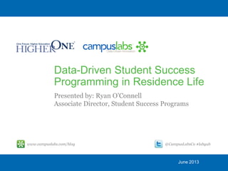 Data-Driven Student Success
Programming in Residence Life
Presented by: Ryan O’Connell
Associate Director, Student Success Programs
June 2013
@CampusLabsCo #labgabwww.campuslabs.com/blog
 