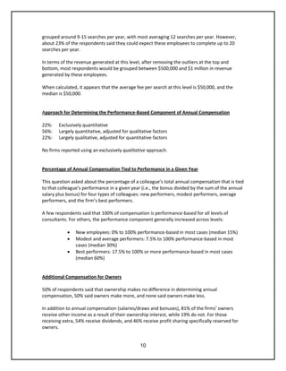 10
grouped around 9-15 searches per year, with most averaging 12 searches per year. However,
about 23% of the respondents said they could expect these employees to complete up to 20
searches per year.
In terms of the revenue generated at this level, after removing the outliers at the top and
bottom, most respondents would be grouped between $500,000 and $1 million in revenue
generated by these employees.
When calculated, it appears that the average fee per search at this level is $50,000, and the
median is $50,000.
Approach for Determining the Performance-Based Component of Annual Compensation
22%: Exclusively quantitative
56%: Largely quantitative, adjusted for qualitative factors
22%: Largely qualitative, adjusted for quantitative factors
No firms reported using an exclusively qualitative approach.
Percentage of Annual Compensation Tied to Performance in a Given Year
This question asked about the percentage of a colleague’s total annual compensation that is tied
to that colleague’s performance in a given year (i.e., the bonus divided by the sum of the annual
salary plus bonus) for four types of colleagues: new performers, modest performers, average
performers, and the firm’s best performers.
A few respondents said that 100% of compensation is performance-based for all levels of
consultants. For others, the performance component generally increased across levels:
 New employees: 0% to 100% performance-based in most cases (median 15%)
 Modest and average performers: 7.5% to 100% performance-based in most
cases (median 30%)
 Best performers: 17.5% to 100% or more performance-based in most cases
(median 60%)
Additional Compensation for Owners
50% of respondents said that ownership makes no difference in determining annual
compensation, 50% said owners make more, and none said owners make less.
In addition to annual compensation (salaries/draws and bonuses), 81% of the firms’ owners
receive other income as a result of their ownership interest, while 19% do not. For those
receiving extra, 54% receive dividends, and 46% receive profit sharing specifically reserved for
owners.
 