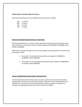 5
If Ownership is Purchased, When this Occurs:
34% require purchase all at once, and 66% spread it over time, as follows:
18% 12 months
46% 1-3 years
32% 3-5 years
4% 5-7 years
Revenue Generation Required to Share in Ownership
65% of respondents have a minimum revenue generation requirement for becoming an owner,
while 35% do not. The minimum revenue required ranges from $300,000 to $1,000,000, with a
median of $600,000.
While there is overlap, the larger firms tend to have higher revenue generation requirements for
becoming an owner:
 Firms with 1-10 consultants: Required revenue ranges from $300,000 to
$1,000,000, median $600,000.
 Firms with 11 or more consultants: Required revenue ranges from $300,000 to
$1,125,000, median $600,000.
Process of Selling Equity Interest When Leaving the Firm
71% of respondents said their firms require an owner to sell his or her equity interest when
leaving the firm, 6% do not, and 23% said it depends. “Depends” factors include whether the
individual was a founder, the reason for leaving (termination vs. going to a competitor vs.
retiring), and ongoing connection with the firm. See the chart below.
 
