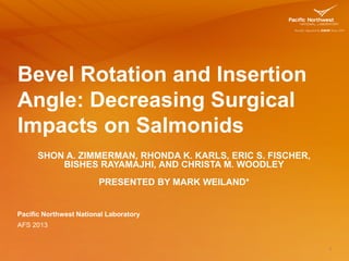 Bevel Rotation and Insertion
Angle: Decreasing Surgical
Impacts on Salmonids
SHON A. ZIMMERMAN, RHONDA K. KARLS, ERIC S. FISCHER,
BISHES RAYAMAJHI, AND CHRISTA M. WOODLEY
PRESENTED BY MARK WEILAND*
1
Pacific Northwest National Laboratory
AFS 2013
 